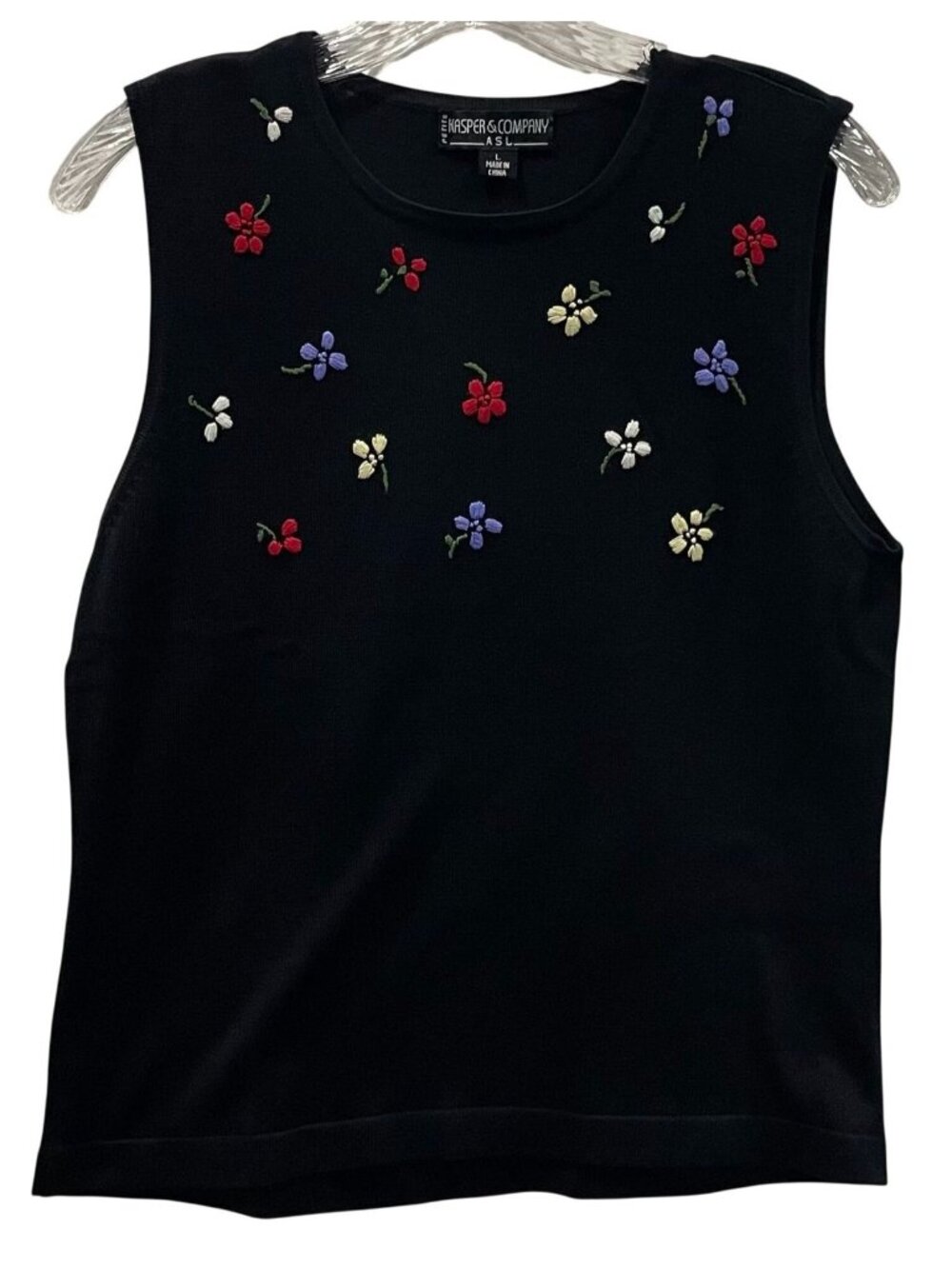 Kasper & Company Silk Floral Embroidered Sweater Knit Top PL Black Cottagecore